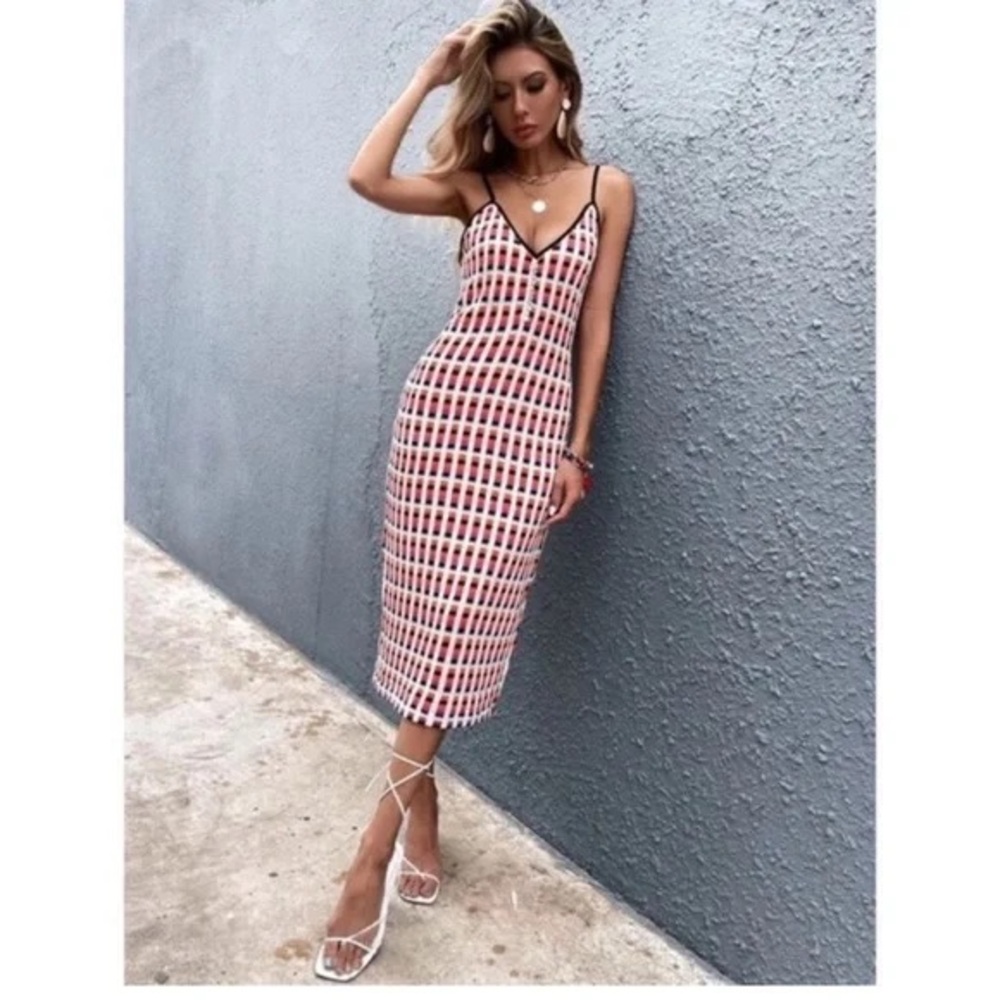 Zara Red and White Jacquard Stretch Patterned Midi Dress